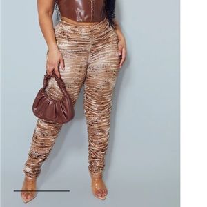 Pretty Little Thing Brown snake skin print ruched pants